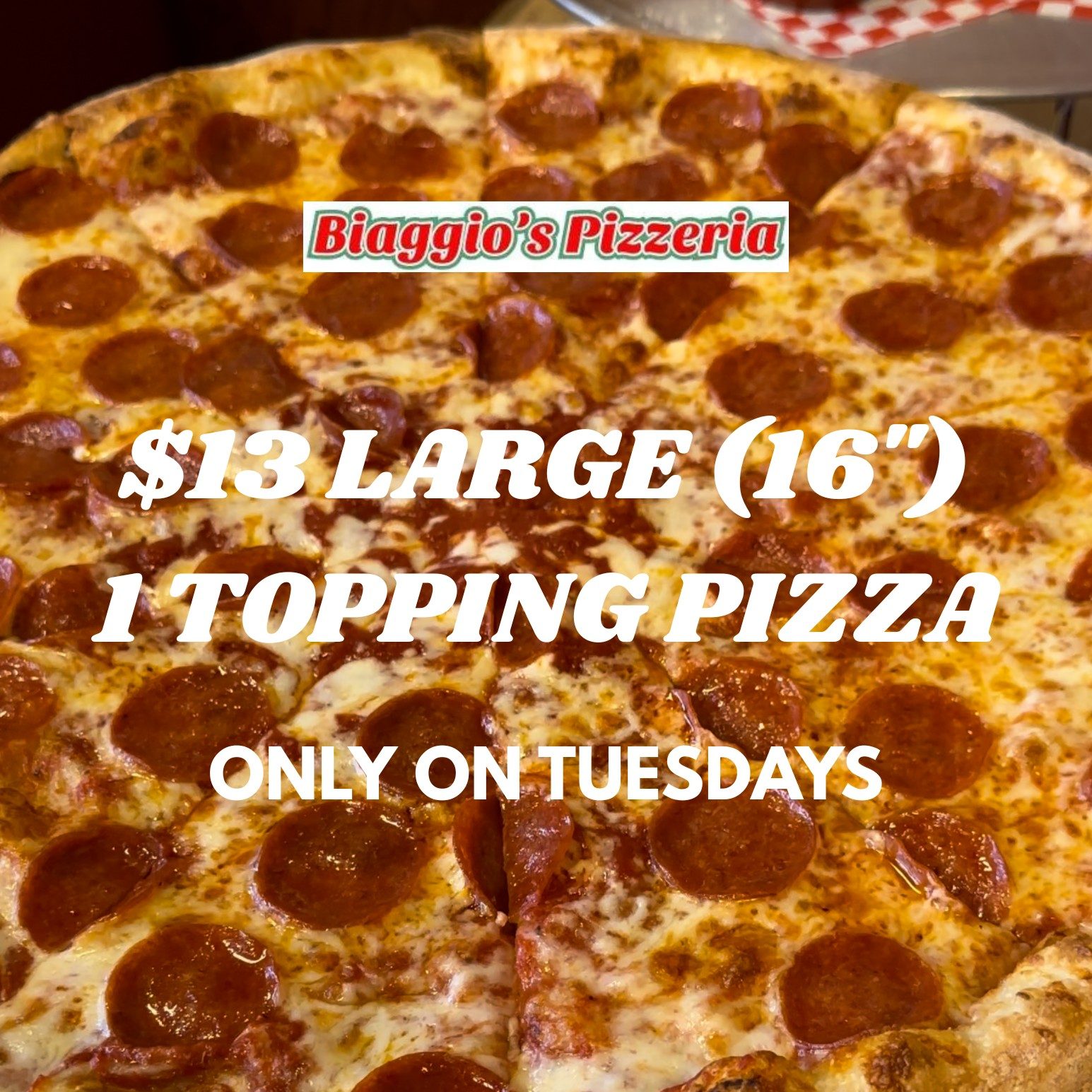 $13 Tuesday Special LG 16" Pizza.
