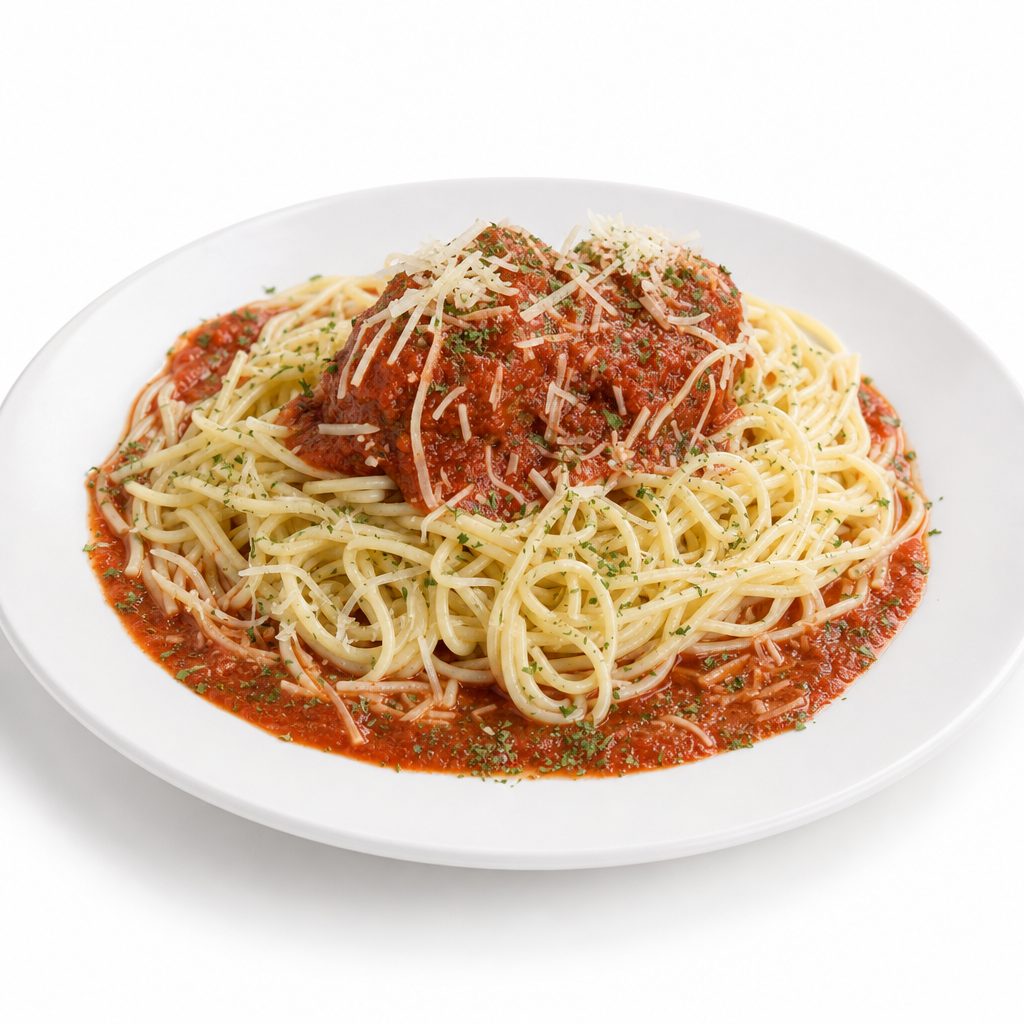 Meatball Parmesan Over Spaghetti.
