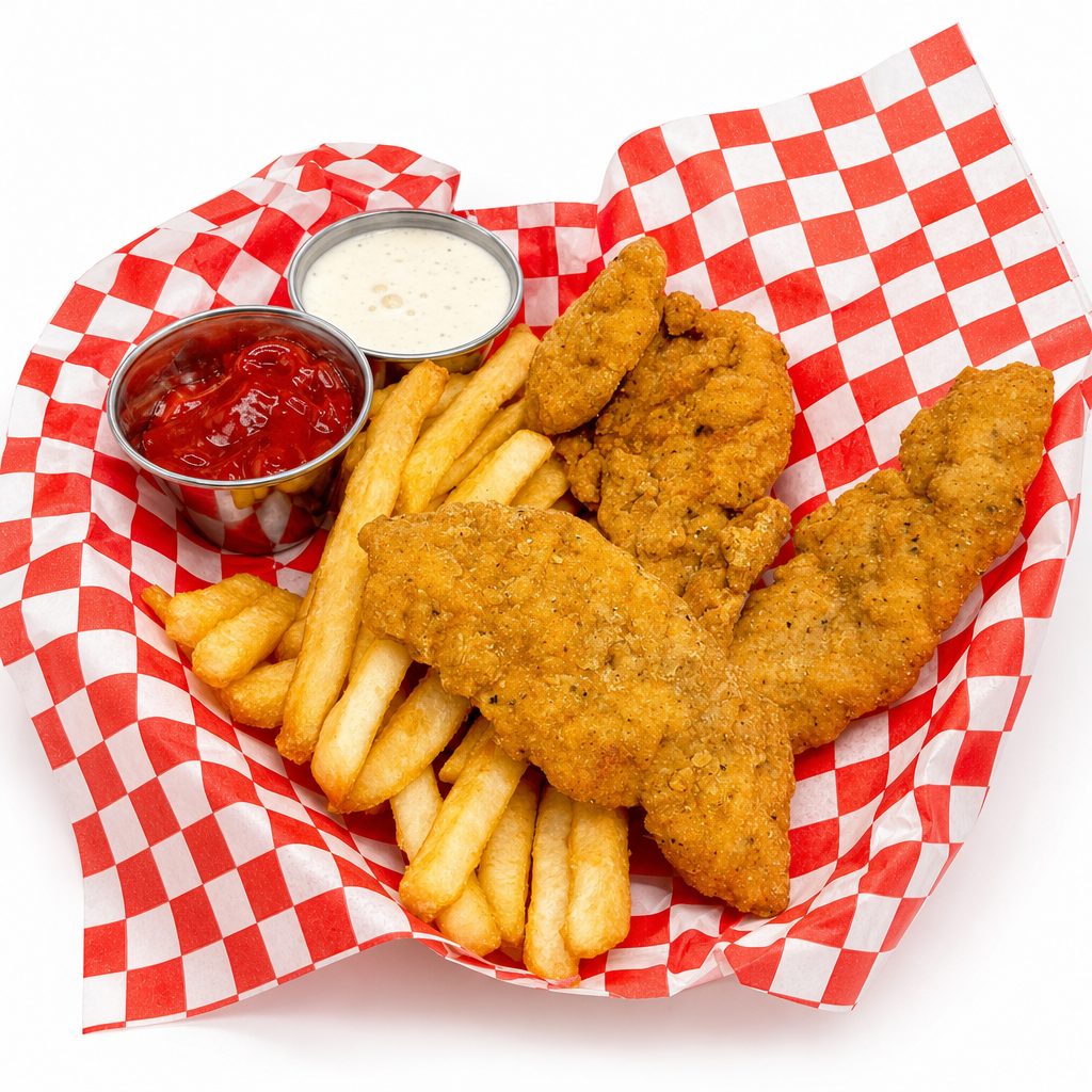 Three Chicken Fingers with Fries.